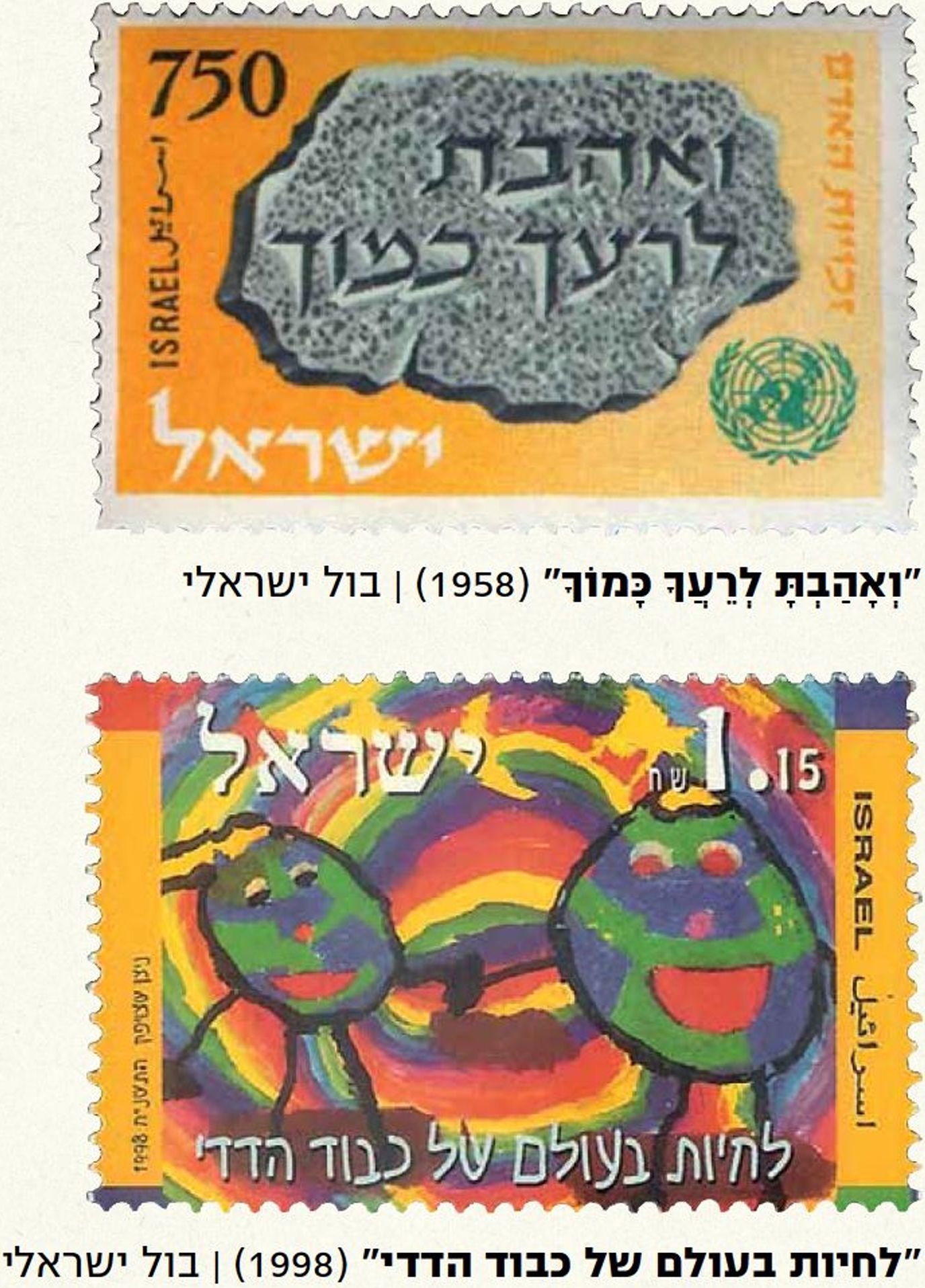 על היצירות: לפניכם שני בולים העוסקים בזכויות אדם ובכבוד הדדי. הבול הראשון הודפס בישראל בשנת 1958 ומצוטט בו פסוק מספר ויקרא: 